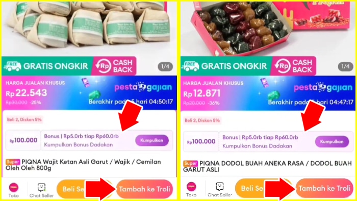 cek apakah produk tersebut mendukung fitur bonus dadakan lalu tambah ke troli