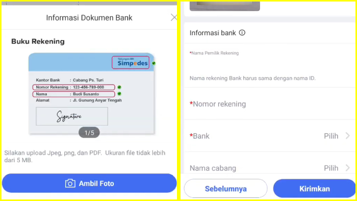 contoh foto dokumen slope dan isi informasi bank