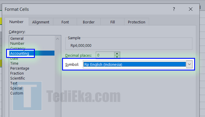 excel format cells accounting rupiah