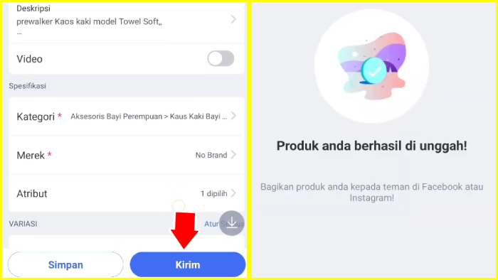 kirim produk berhasil di unggah