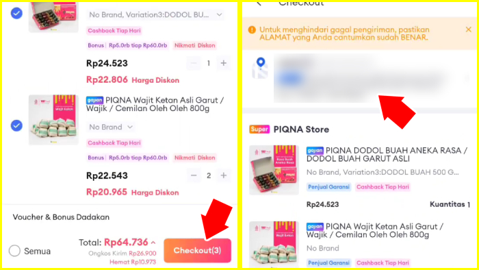 konfirmasi pembelian dengan tombol checkout lalu cek alamat pengiriman