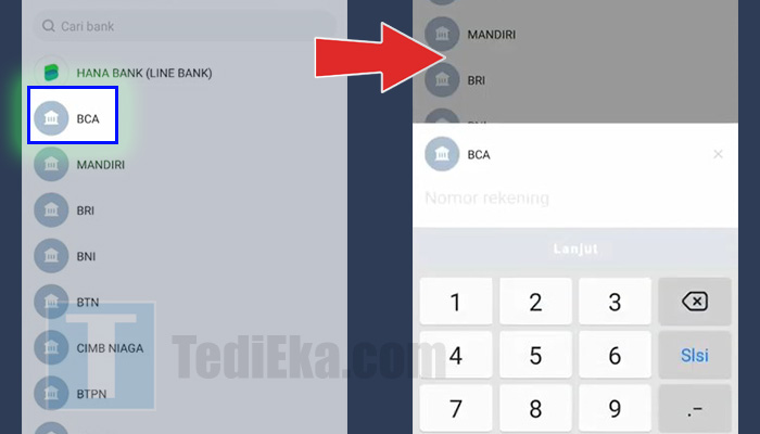 line bank transfer bca - nomor rekening