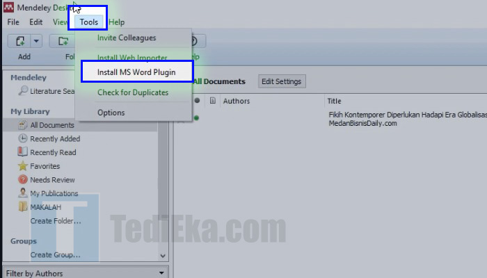 mendeley tools - install ms word plugin