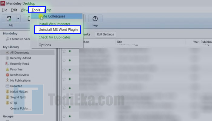 mendeley tools - uninstall ms word plugin