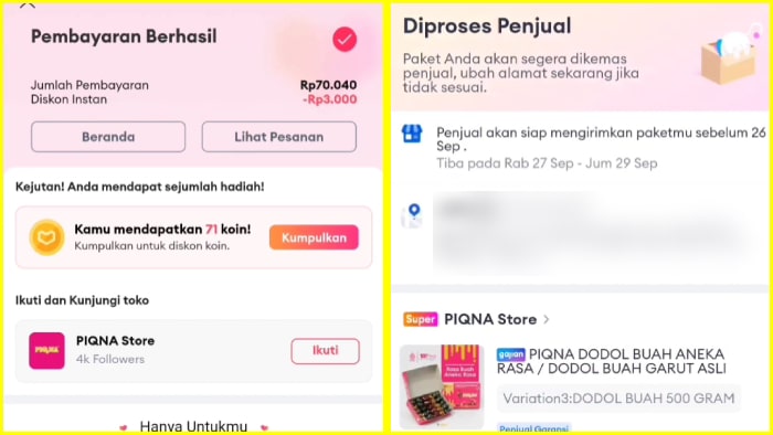 pembayaran berhasil dan status order telah diproses penjual