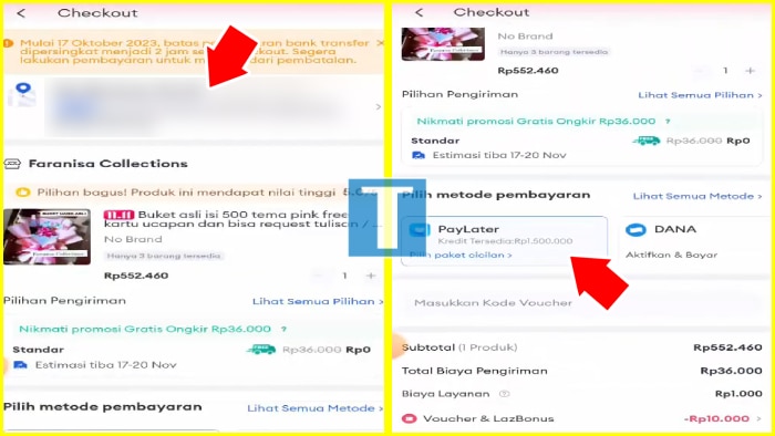 pilih alamat pengiriman dan metode pembayaran paylater