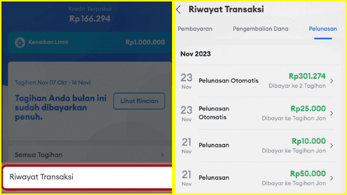 riwayat transaksi pelunasan paylater lazada