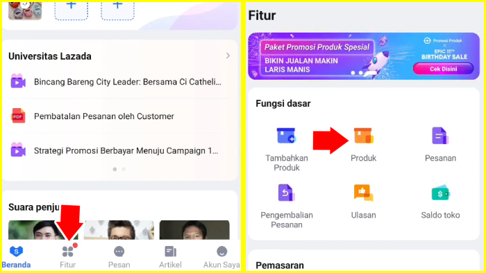 tab fitur lalu pilih menu produk lazada