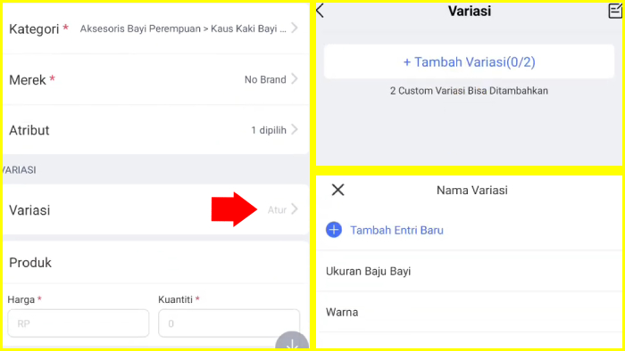 tambah variasi untuk produk yang sedang kamu upload