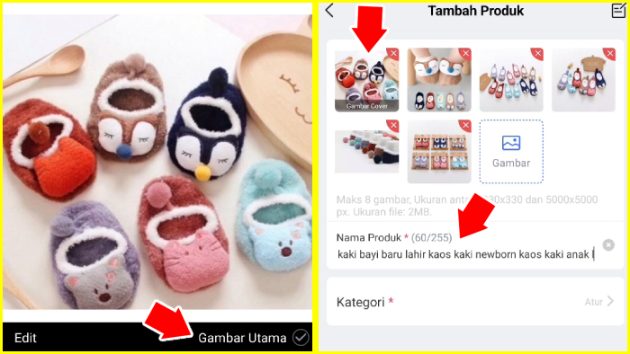 tap gambar utama lalu kasih nama produk