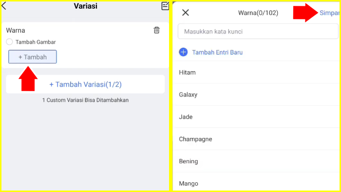 tekan tambah variasi lalu simpan