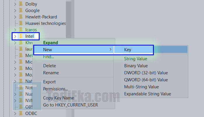 windows 10 regedit intel klik kanan new key