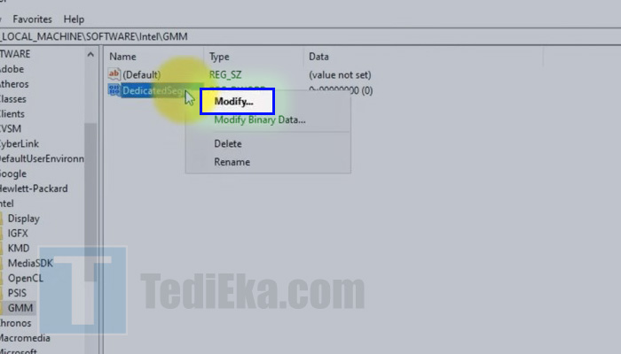 windows regedit dedicatedsegmentsize - modify