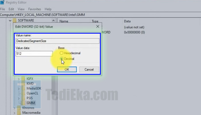 windows regedit dedicatedsegmentsize - value data 512