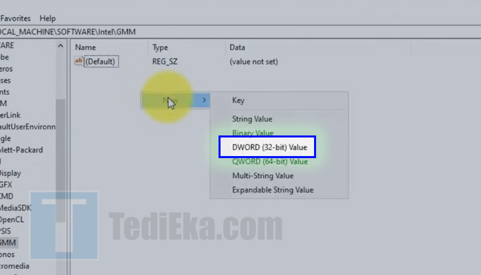 windows regedit klik kanan new - dword 32-bit value